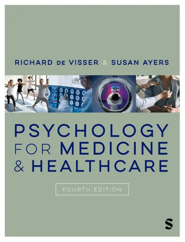 De boekomslag van psychology for medicine and healthcare vierde editie toont een rustige saliegroene achtergrond met gedurfde marineblauwe tekst gericht op de psychologische aspecten van geneeskunde en gezondheid