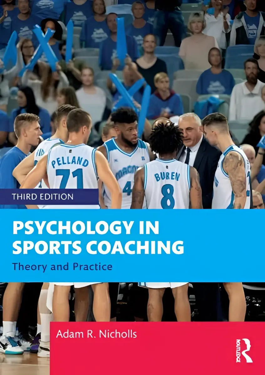 De boekcover toont een levendig blauw-wit ontwerp met de titel psychologie in sports coaching theorie en practice door adam r