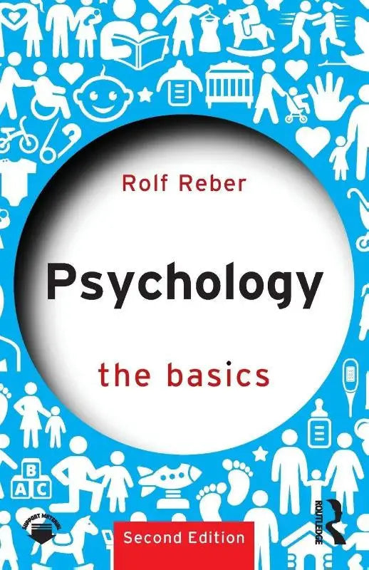 Blauw boekomslag psychologie the basics met witte silhouetten en centrale cirkel door rolf reber