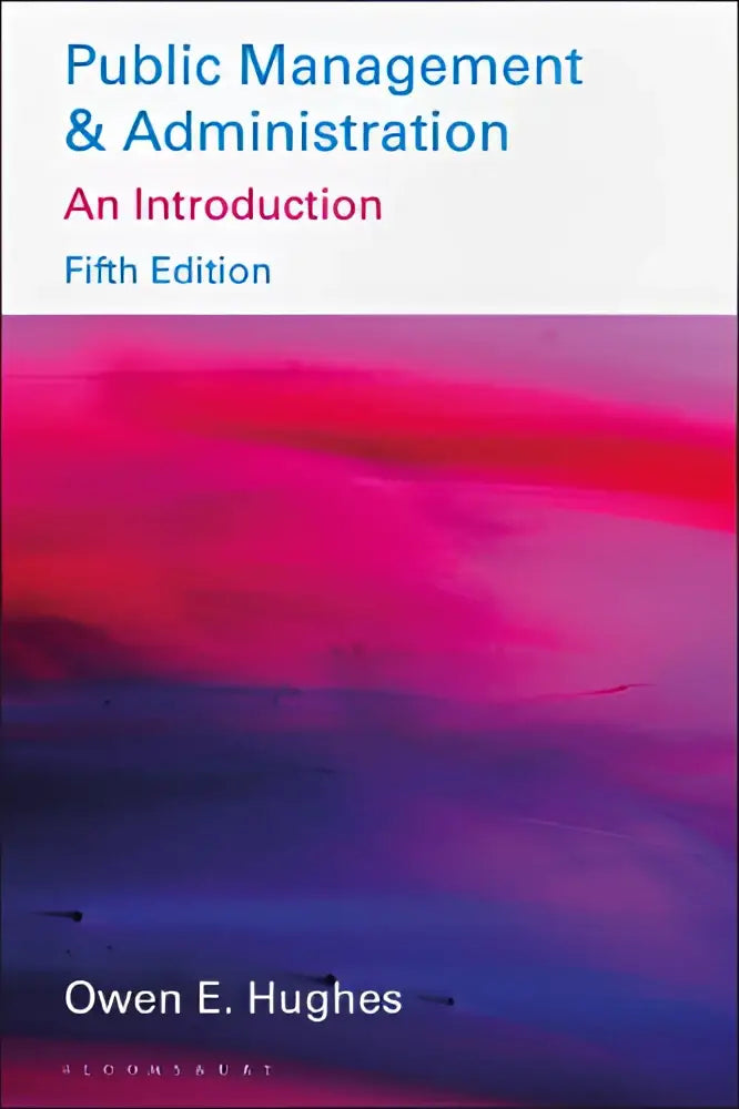 De boek cover van public management and administration toont een abstract design in roze, magenta en paars met titel en auteur