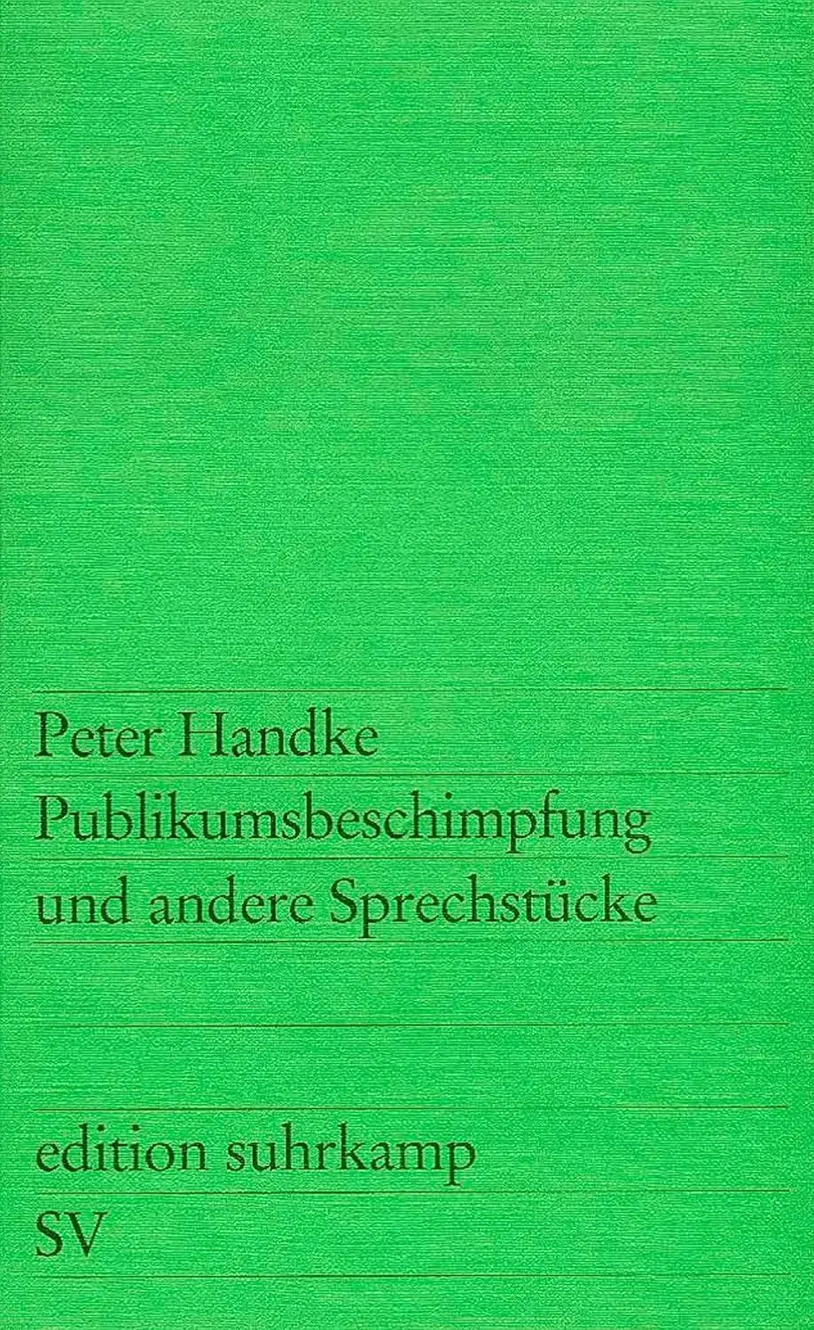 Groen textuur boekomslag met zwarte tekst peter handke publikumsbeschimpfung und andere sprechstücke uitgegeven door edition suhrkamp sv