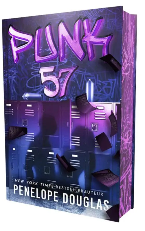 Boek punk 57 van penelope douglas met paarse en zwarte graffiti stijl letters op een kluisjes thema omslag