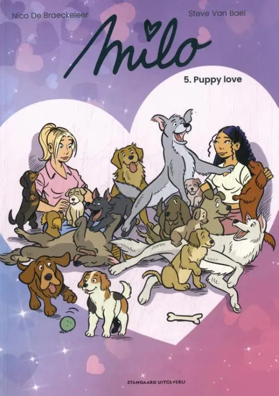 De cover van de milo comic issue 5 puppy love toont een kleurrijke illustratie met honden en mensen in een hartvormige achtergrond