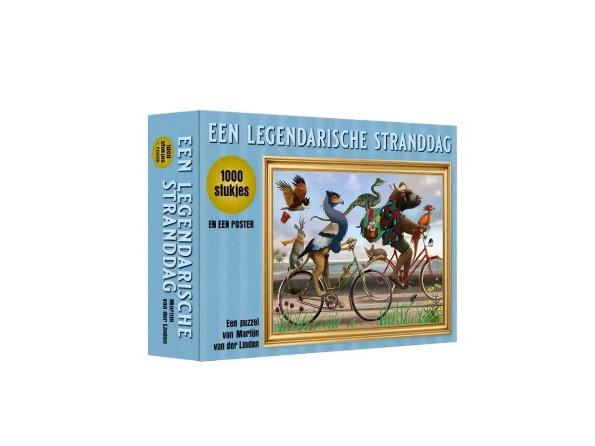 Een lichtblauwe legpuzzel een legendarische stranddag met 1000 stukjes en kleurrijke dieren op fietsen aan het strand