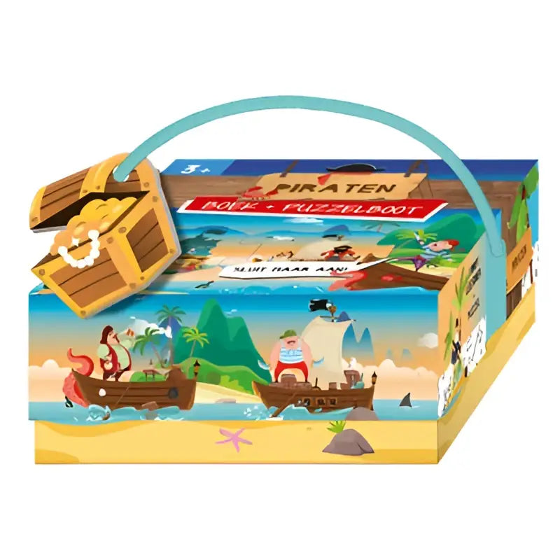 Houten puzzeldoos piraat met turquoise handvat en kleurrijke illustraties van schepen en eilanden voor jonge kinderen van stevig karton