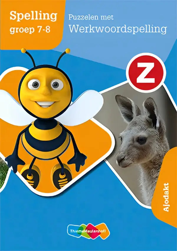 Een vrolijke gele en zwarte cartoonbij met witte vleugels op een felblauwe educatieve boekomslag puzzelen met werkwoordspelling ajodakt