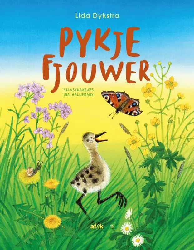 Een charmante kinderboekcover van pykje fjouwer met een speelse, gevlekte eend in groen gras voor jonge lezers