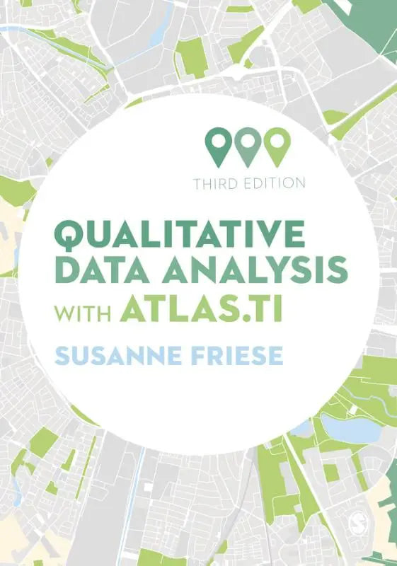 Derde editie boekomslag van Qualitative Data Analysis with ATLAS.ti met witte cirkel op groene en grijze kaart voor kwalitatieve data-analyse