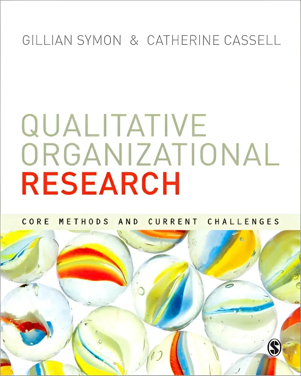 De boekomslag van qualitative organizational research toont een kleurrijk glazen knikkerontwerp met kernmethoden voor kwalitatief onderzoek