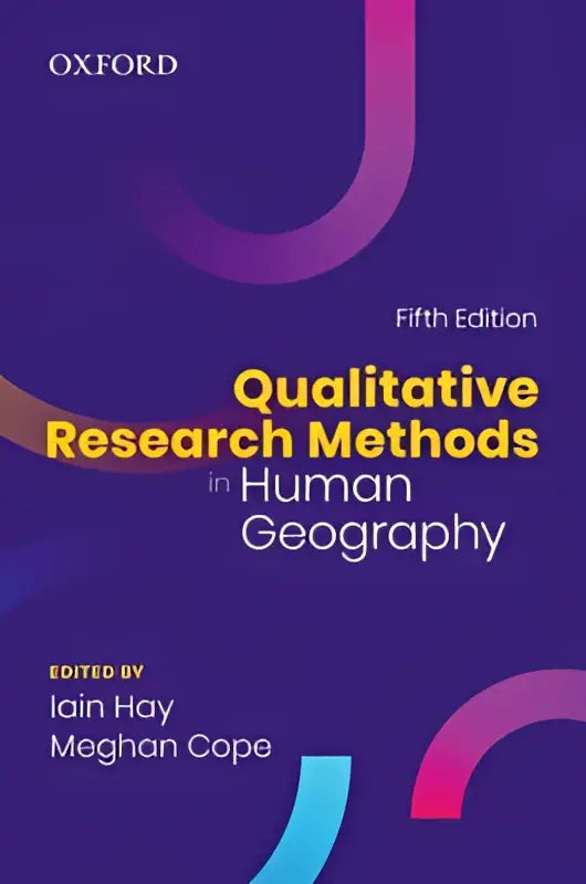 Paarse hardcover boek met abstracte roze en blauwe lijnen getiteld kwalitatieve onderzoeksmethoden in human geography vijfde editie