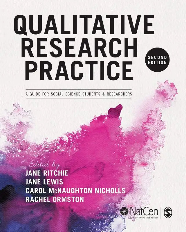 Boekomslag van qualitative research practice tweede editie met zwarte tekst op roze en paarse aquarel voor studenten en onderzoekers