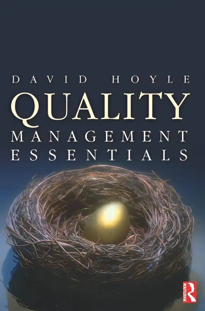De boekcover van quality management essentials toont een gouden ei in een bruine gevlochten nest tegen een donkerblauwe achtergrond