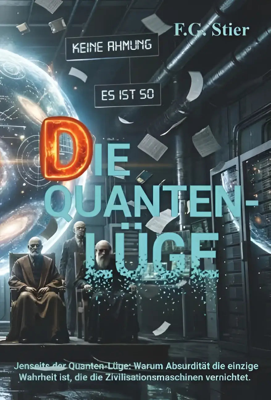 Boekomslag van die quanten-lüge met de titel in gloeiende teal en oranje letters tegen een donkere sci-fi achtergrond waar de einzige wahrheit is centraal staat