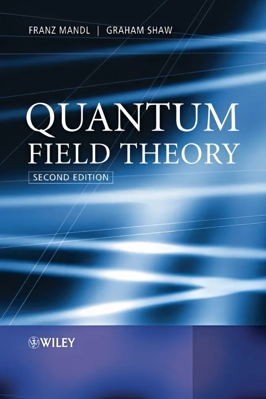 Blauw-wit abstract ontwerp boekomslag voor quantum field theory tweede editie door franz mandl en graham shaw van wiley