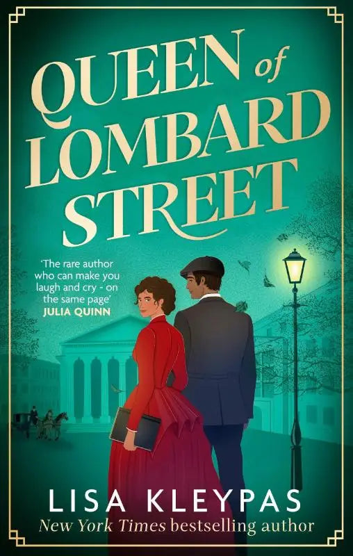 Het boek queen of lombard street van lisa kleypas toont een geïllustreerd koppel in periodekleding tegen een teal lombard street achtergrond gepubliceerd door brown book group