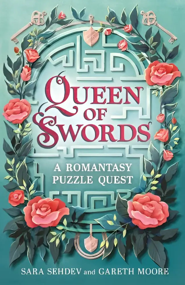 De cover van queen of swords toont een romantasy puzzle quest met roze tekst en een krans van rode rozen op teal achtergrond