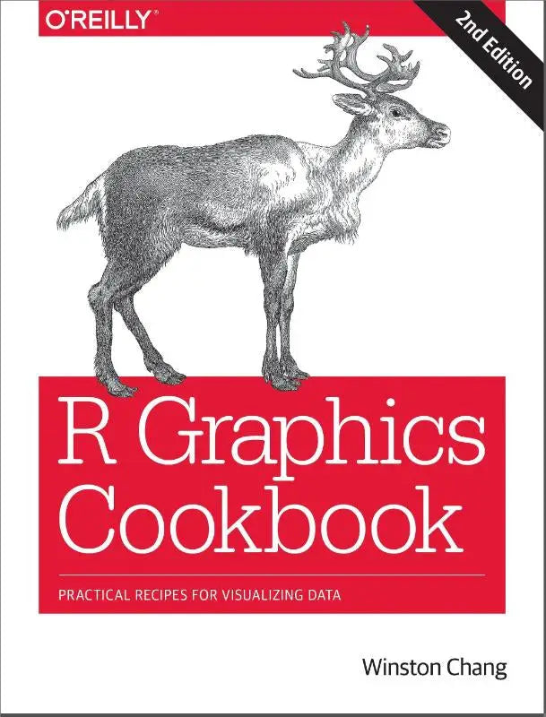 De cover van de o’reilly tweede editie r graphics cookbook toont een zwart-wit illustratie van een hert op een rode banner voor recepten voor visualiseren van data