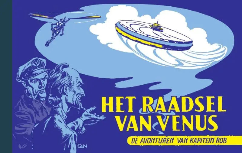 Blauwe en gele illustratieve boekcover van het raadsel van venus met vliegende schotel en mannen van pieter kuhn evert werkman strips algemeen