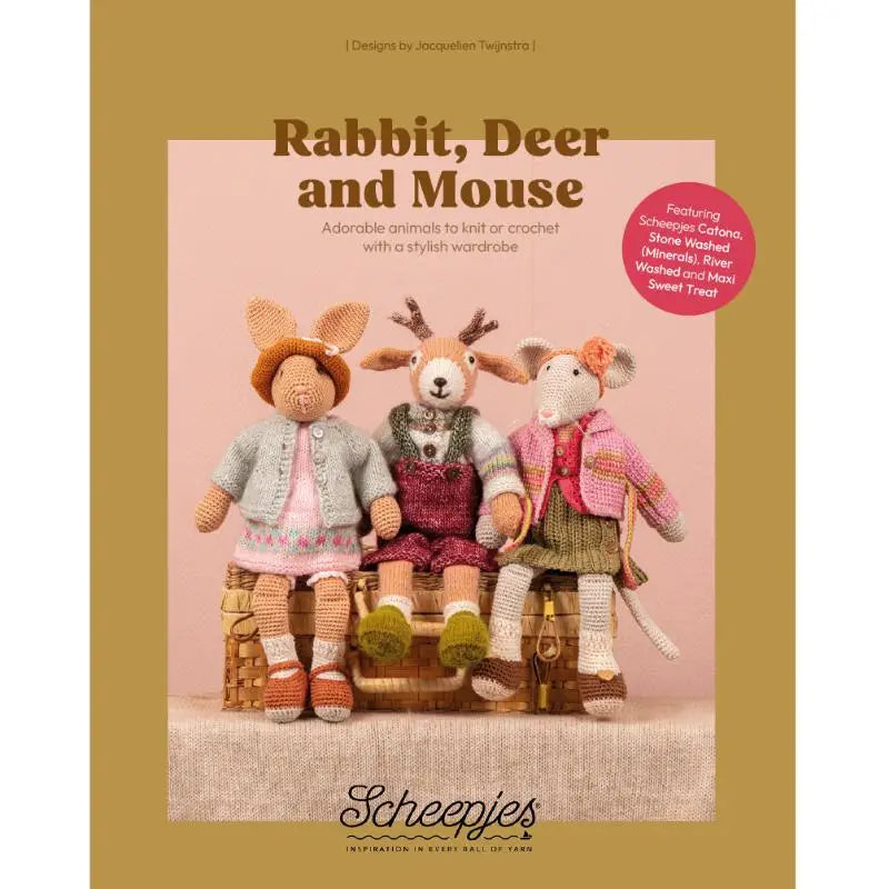 Knitted rabbit deer and mouse plush toys dressed in coordinated outfits perfect animals to knit or crochet adorable animals