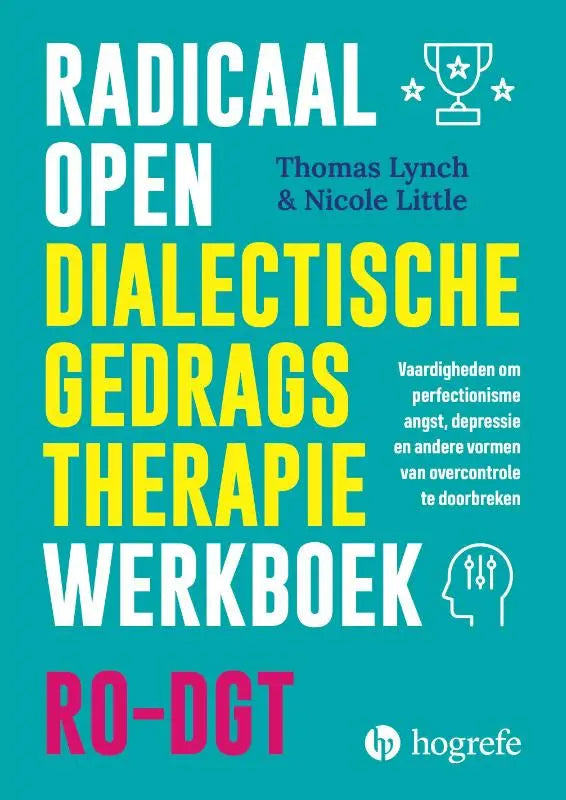 Teal werkboek radicaal open dialectische gedrags therapie met gele en witte tekst en trofee icoon voor open dialectische gedragstherapie