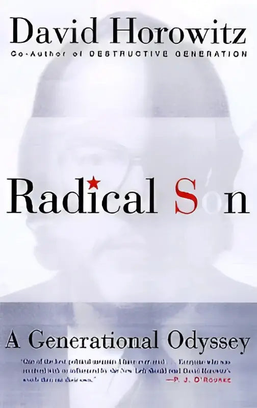 De boekomslag van Radical Son toont de titel in zwarte en rode letters met een doorschijnend portret, een generational oddysey