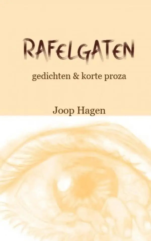 A zachte beige boekcover van rafelgaten met een aquarelillustratie van een oog voor korte proza en gedichten