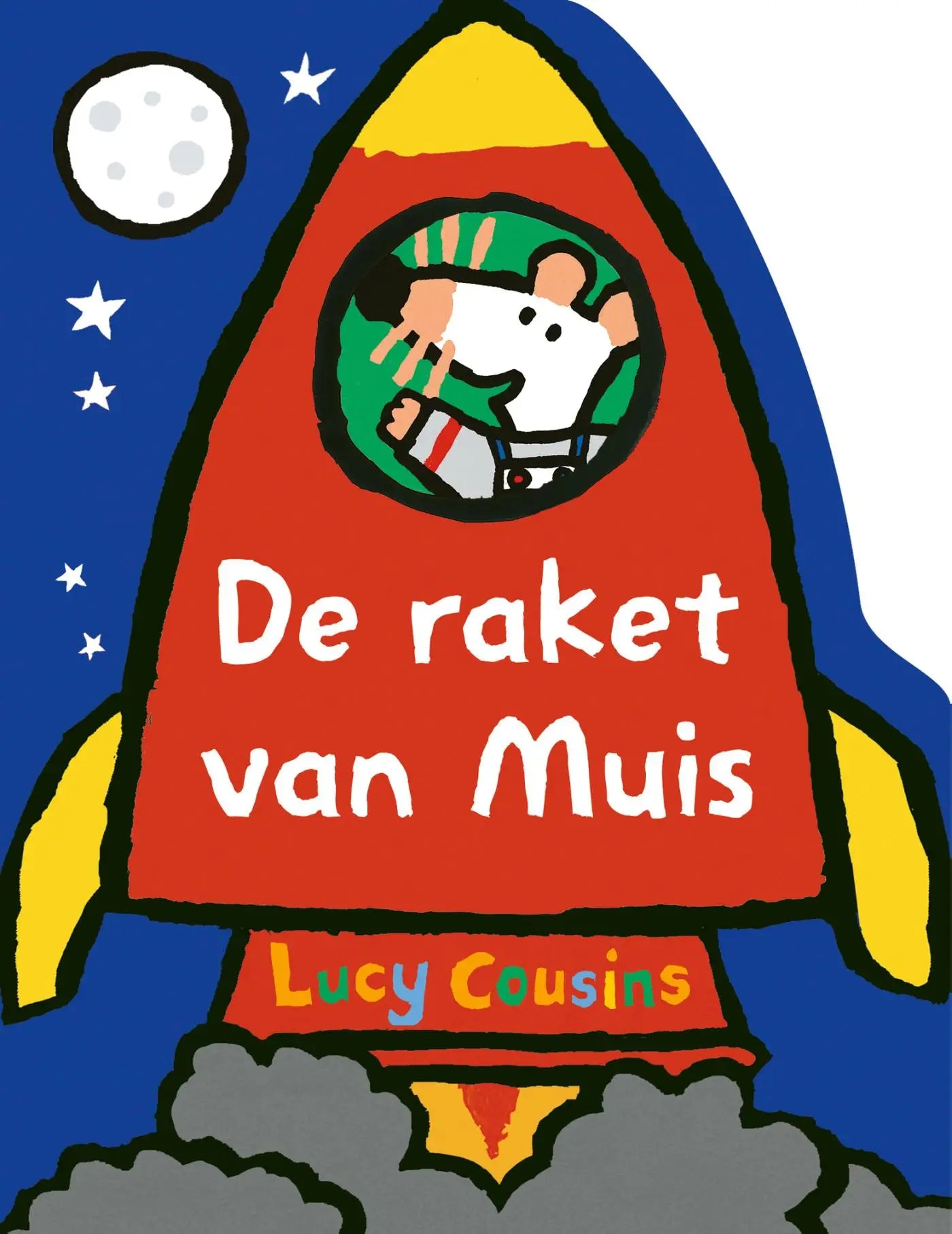 De raket van muis door lucy cousins toont een rode raket met gele vinnen en een groene astronaut voor jonge lezers