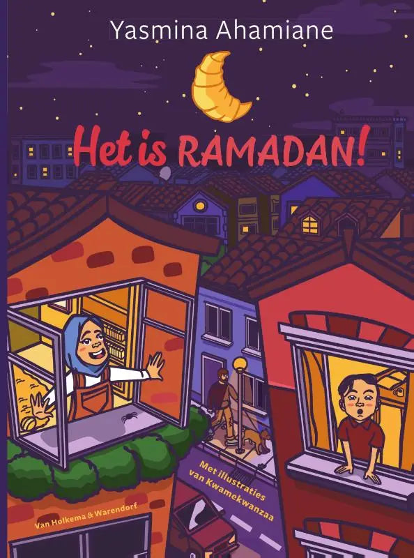 Het is ramadan! kinderboekcover met cartoon maan en scènes van huizen onder sterrenhemel voor jonge lezers