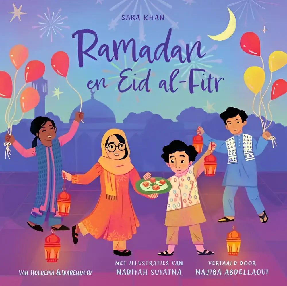 Kleurrijke nederlandstalig hardback kinderboek cover met vier kinderen in feestkleding voor eid al-fitr van sara khan