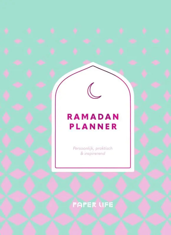Een mintgroene ramadan planner van Paper Life met witte boog omslag, paarse tekst en maansikkelontwerp
