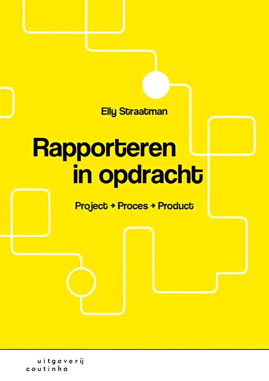 Heldere gele boekcover met witte geometrische lijnen en zwarte tekst Rapporteren in opdracht