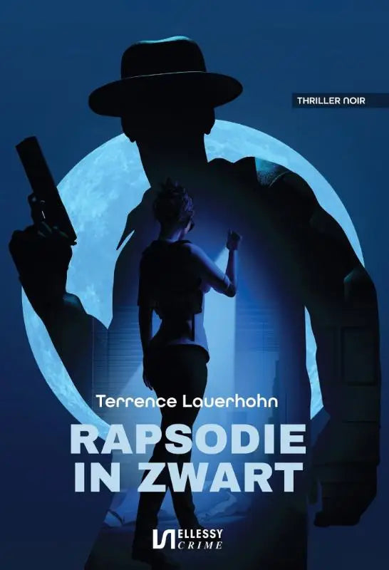 Donkere silhouet van een man met fedora en pistool achter een kleinere figuur voor een blauw verlichte maan in rapsodie zwart