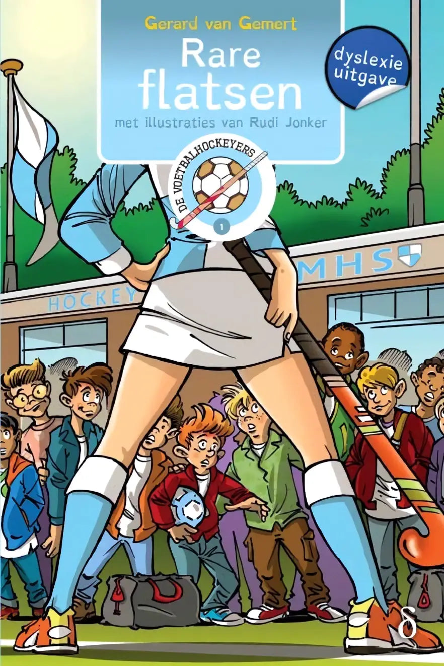Een cartoonillustratie van een vrouwelijke hockeyspeler in blauw-wit uniform met stick tussen andere kinderen voor rare flatsen