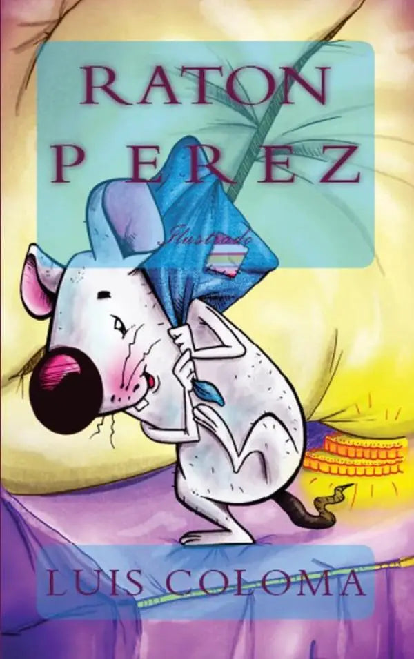 Een cartoon raton perez met wit lichaam en regenboogvlag hoed draagt een grote blauwe tas voor jonge lezers