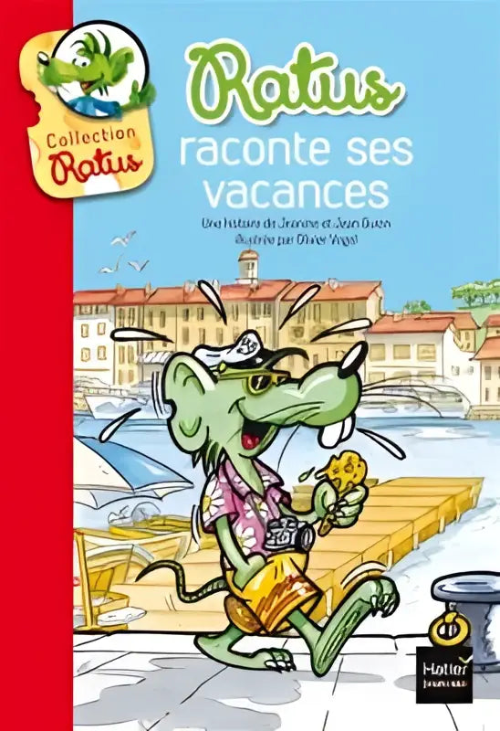 Groene cartoonrat met strohoed en roze shirt die een camera vasthoudt in ratus raconte ses vacances product