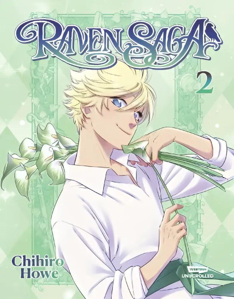 De cover van raven saga vol 2 webtoon unscrolled graphic toont een blonde personage met groene bloemen op een groen achtergrond