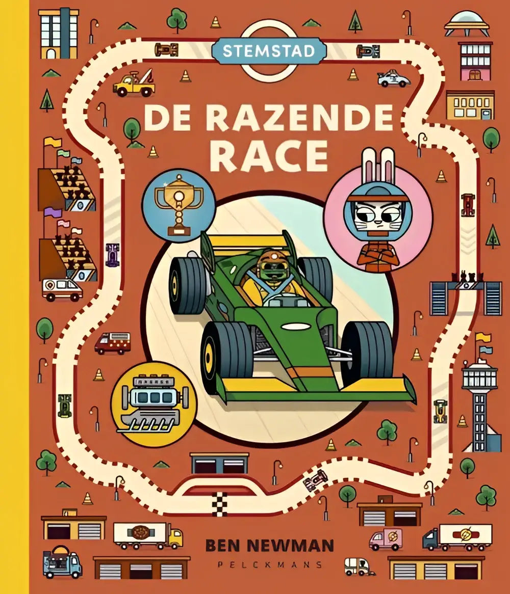 Groen en geel formule 1 raceauto met cartoon coureur in cockpit op cover van nederlandstalig hardback razende race voor jonge lezers
