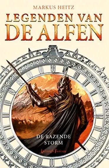 De razende storm boekcover toont een donker, geharnast figuur met zwaard voor een vurige oranje achtergrond van markus heitz bij luitingh sijthoff