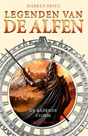 De razende storm boekomslag toont een donkergepantserde figuur met zwaard tegen een vurige oranje achtergrond