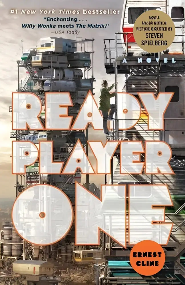 The book cover for ready player one by ernest cline features bold orange lettering over an industrial cityscape