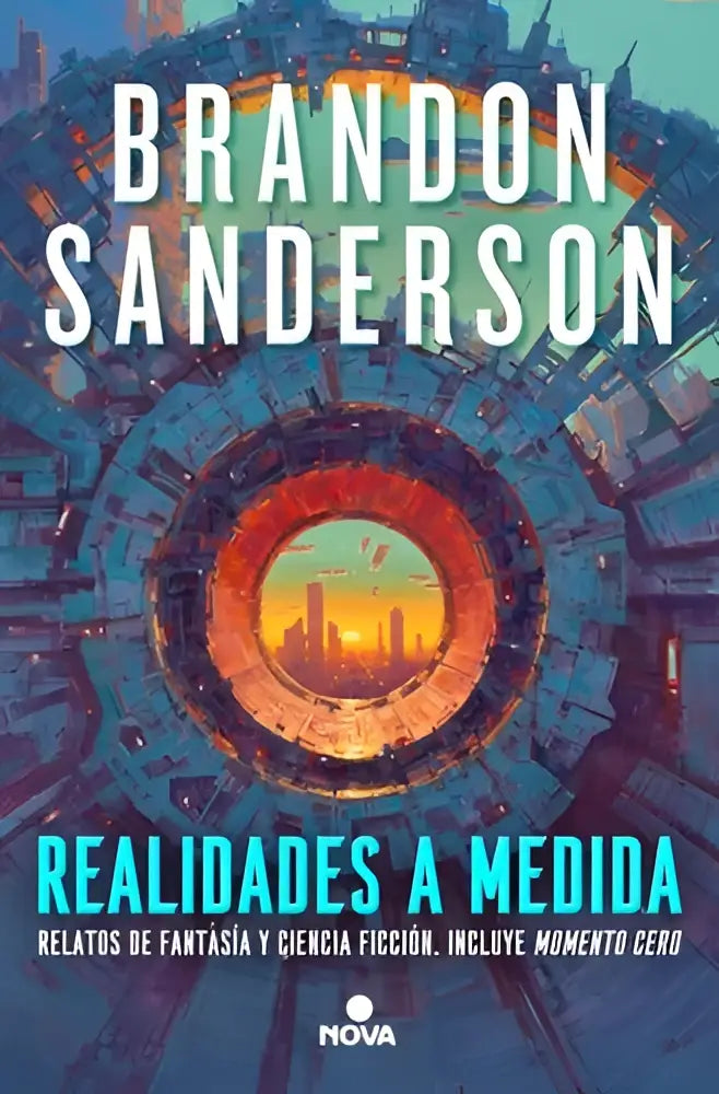 De boekcover van realidades a medida toont een futuristisch, cirkelvormig stadsbeeld in metallic blauw en oranje tinten