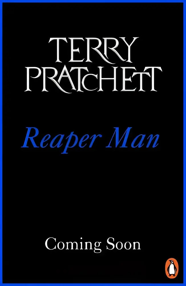 Zwart boekomslag met witte en blauwe tekst voor reaper man door terry pratchett discworld novel 11