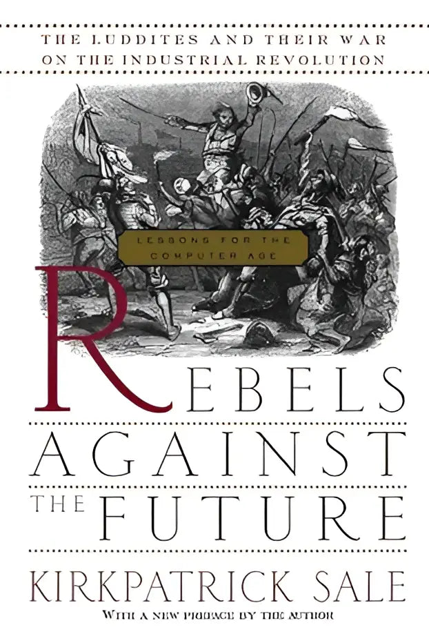 Boekomslag van rebels against the future met titel in vette serif typografie in maroon en zwart op witte achtergrond