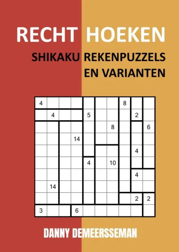 Rood-oranje boekcover rechthoeken met zwart-witte shikaku rekenpuzzels en genummerde cellen voor intelligentieontwikkeling