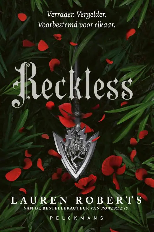 Zilverkleurige metalen schildvormige hanger met gedetailleerd draakmotief op boekcover van reckless van lauren roberts pelckmans uitgevers reeks powerless