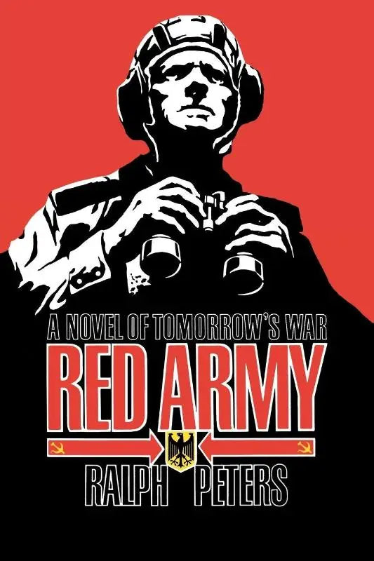 Black and white stylized illustration of a soldier in helmet holding binoculars on red background for red army product