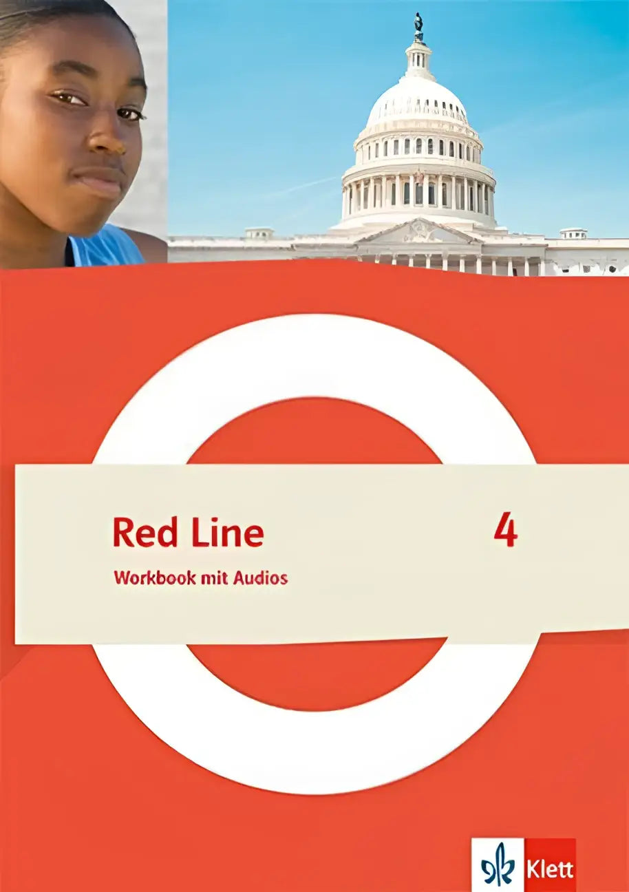 Red line 4 workbook mit audios klasse 8 von klett mit rotem und weißem kreisdesign auf dem cover