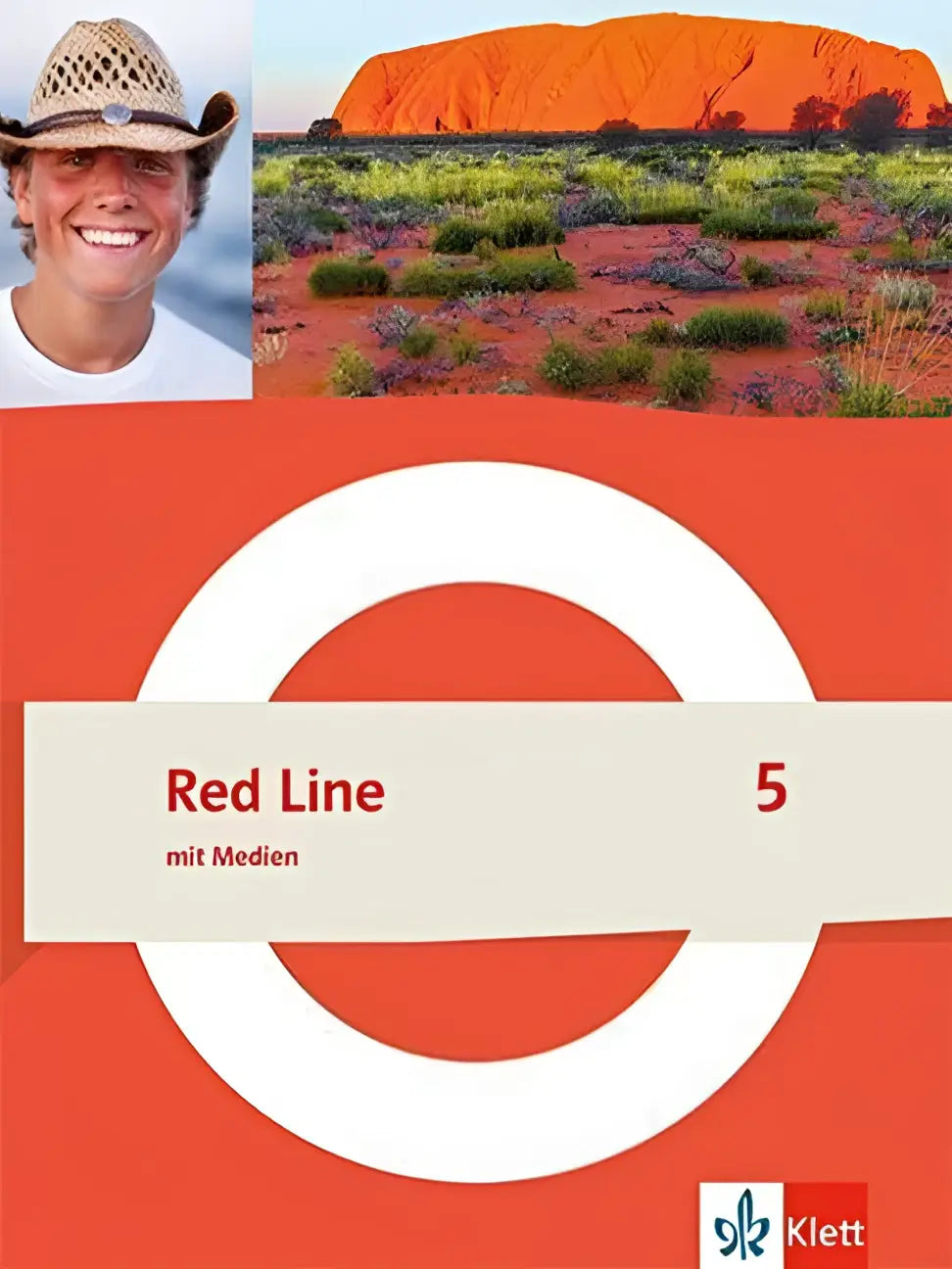 Red line 5 schulbuch mit medien klasse 9 mit oranje omslag en uluru landschap en lachende man met strohoed