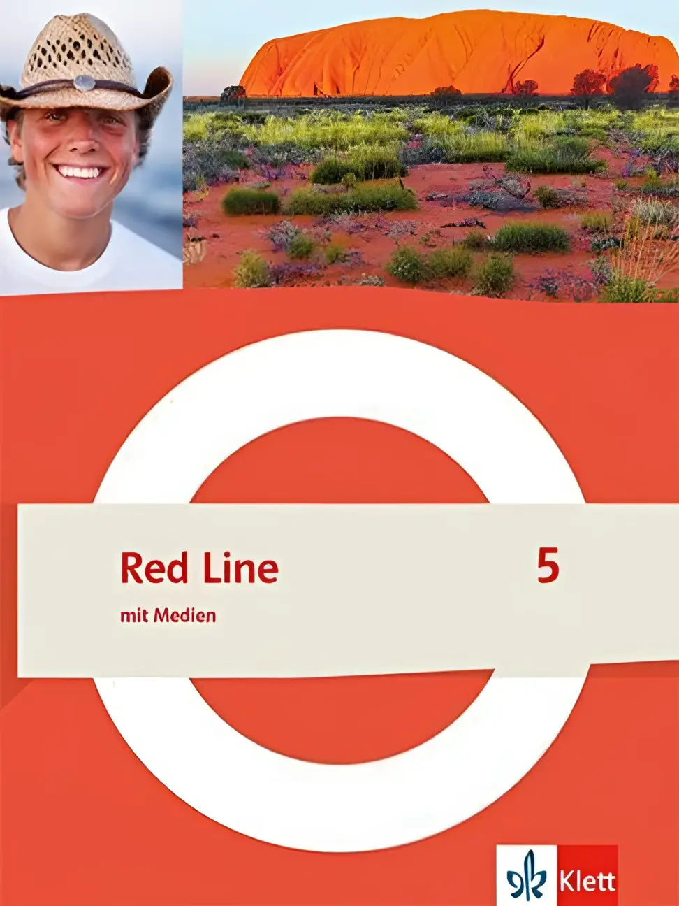 Rood lijn 5 schulbuch mit medien flexibele kaft oranje met uluru landschap en glimlachende man in strohoed
