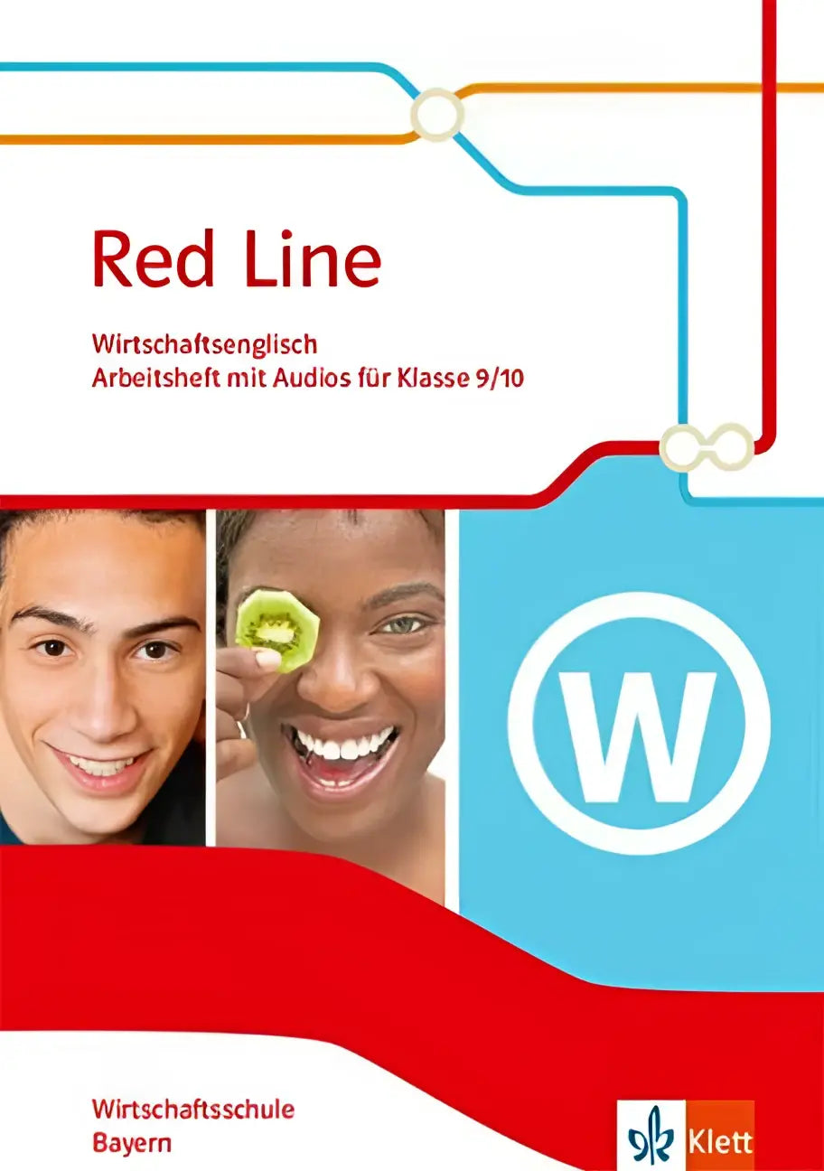Red line workbook cover ausgabe bayern with bold red and blue design and smiling students for wirtschaftsenglisch klasse 9